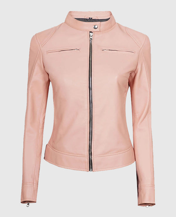 Women's Cafe Racer Light Pink Leather Jacket – Premium Outerwear - front view