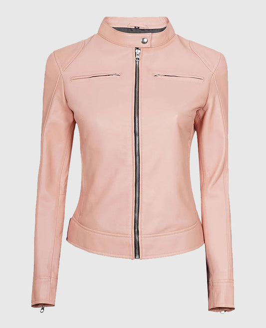 Women's Cafe Racer Light Pink Leather Jacket – Premium Outerwear - front view