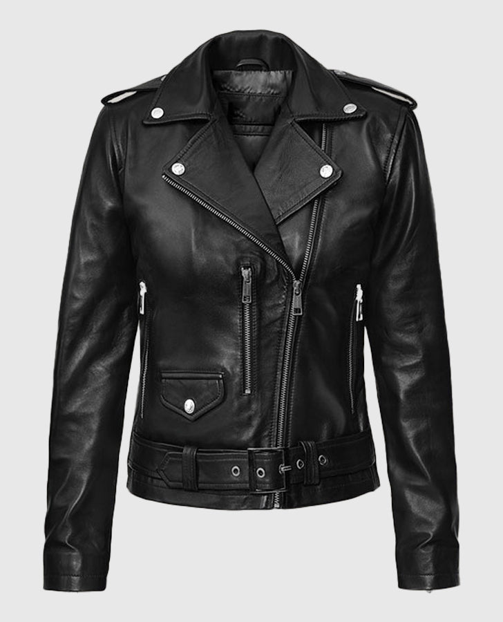 Lucy Hale Black Biker Leather Jacket for Women – Custom Fit - back view