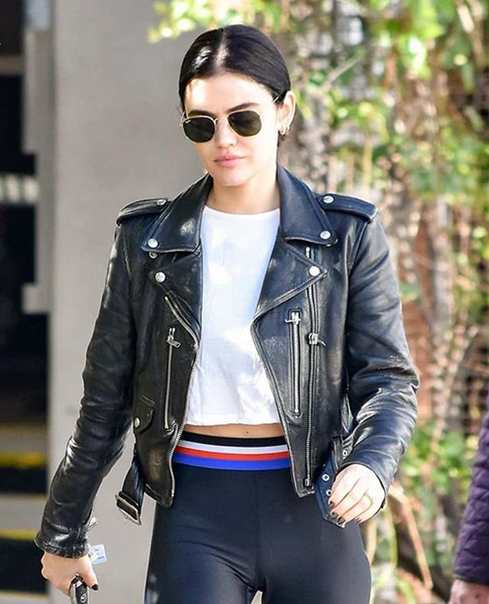 Lucy Hale Black Biker Leather Jacket for Women – Custom Fit - front view