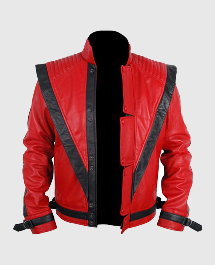 Michael Jackson Thriller Red Leather Jacket for Men - collar and zip close-up
