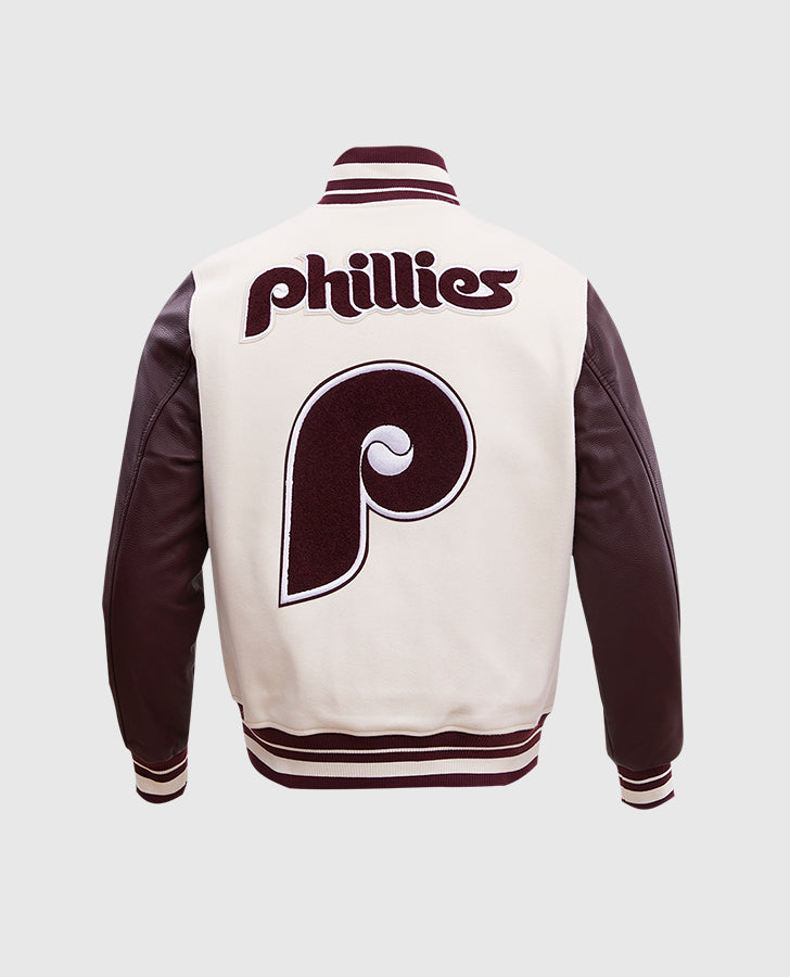 MLB Philadelphia Phillies Men's Rib White Wool Varsity Jacket - back view
