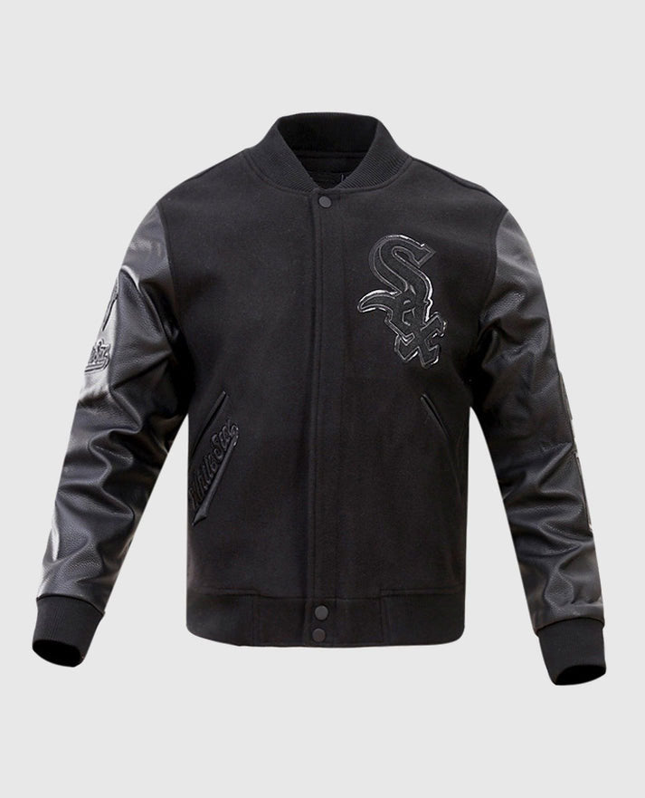 MLB Chicago White Sox Black Men's Varsity Leather Jacket - front view