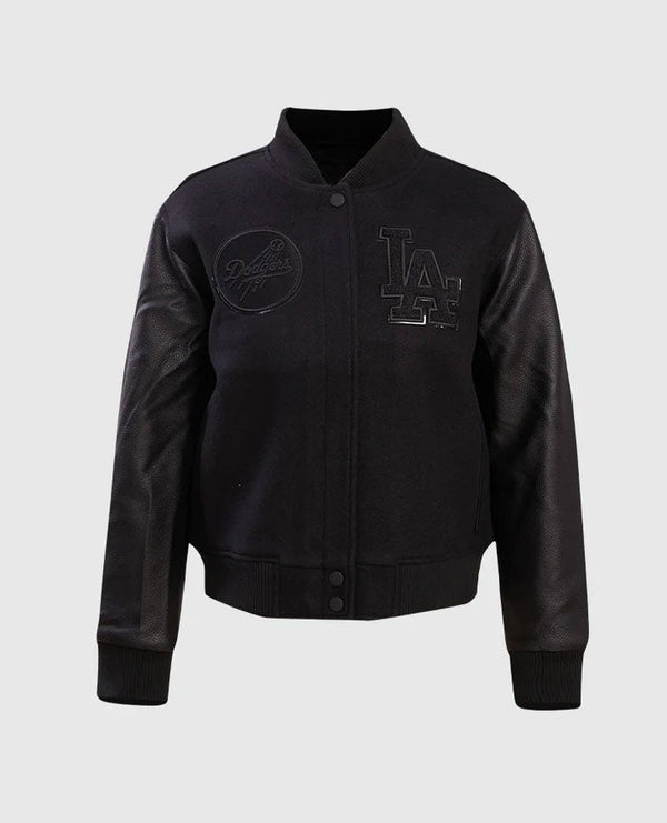 MLB Los Angeles Dodgers Women's Black Varsity Leather Jacket - front view
