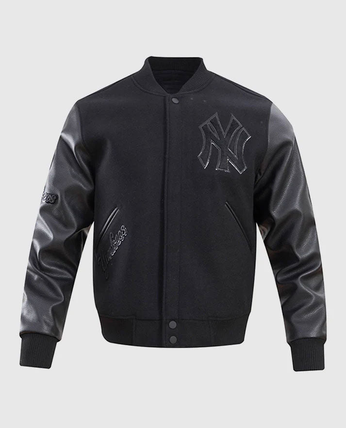 MLB New York Yankees Men's Black Varsity Leather Jacket - front view