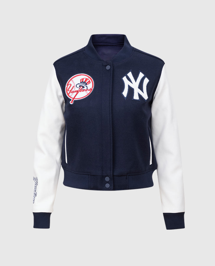 MLB New York Yankees Women's Blue Varsity Leather Jacket - front view