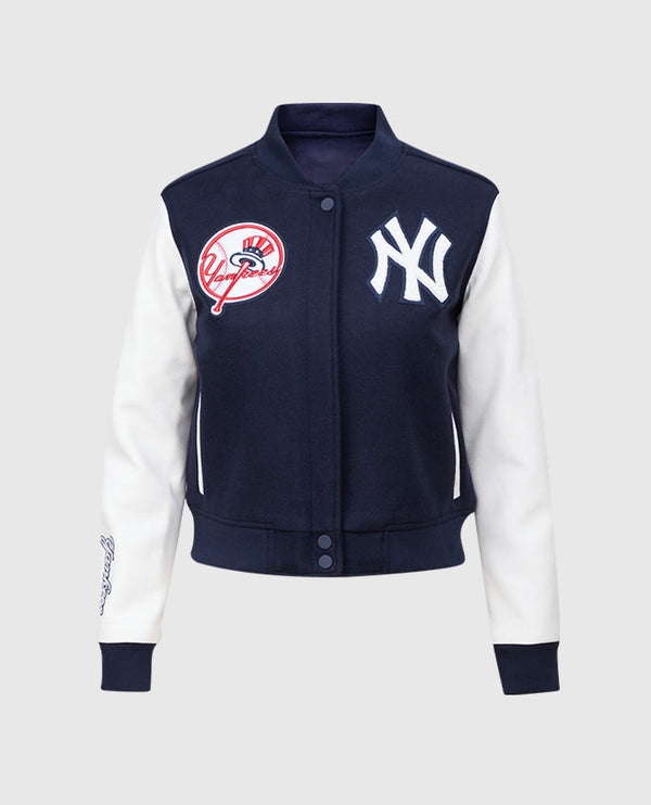 MLB New York Yankees Women's Blue Varsity Leather Jacket - front view