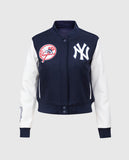 MLB New York Yankees Women's Blue Varsity Leather Jacket - front view