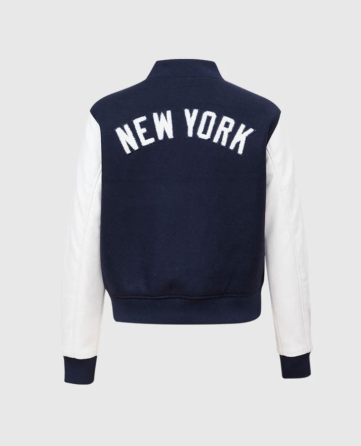 MLB New York Yankees Women's Blue Varsity Leather Jacket - back view