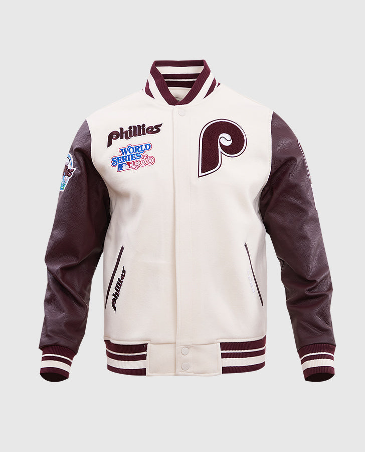MLB Philadelphia Phillies Men's Rib White Wool Varsity Jacket - front view