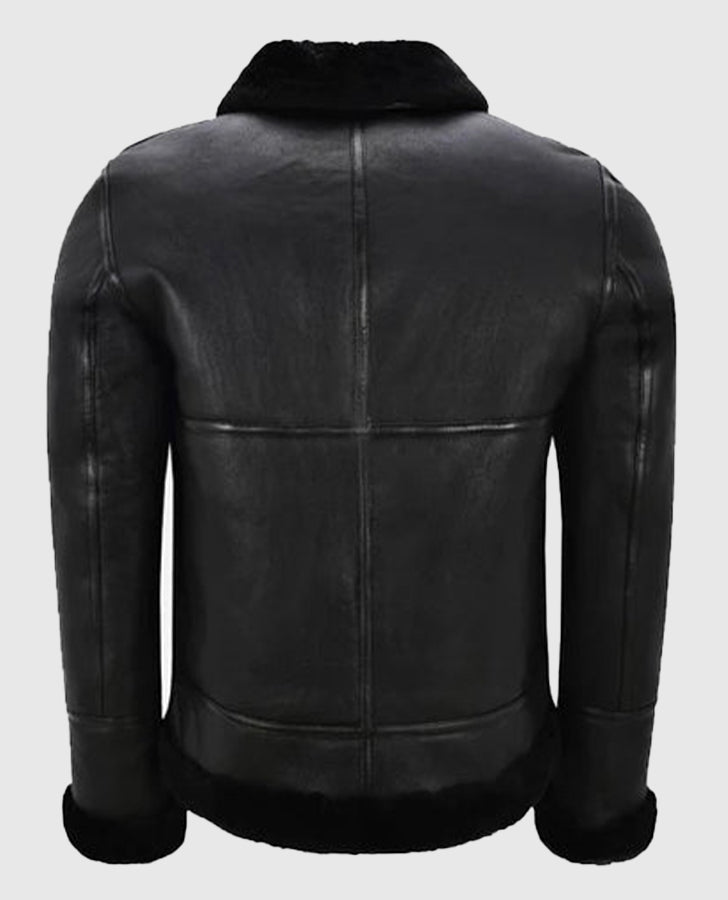 Men's Belted B3 Sheepskin Black Shearling Leather Jacket - back view
