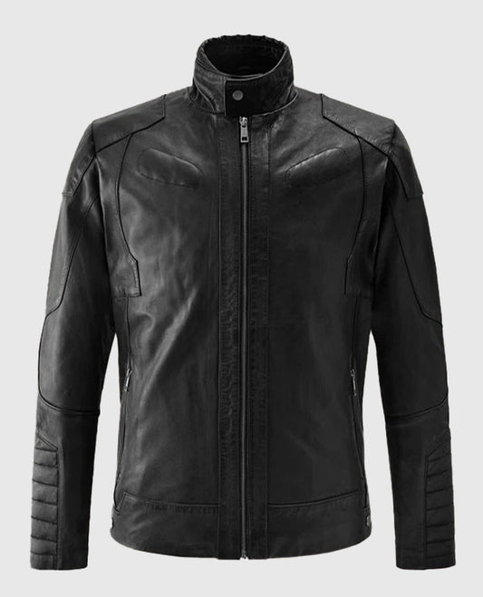 Men's Black Cafe Racer Leather Jacket | Genuine Leather - front view