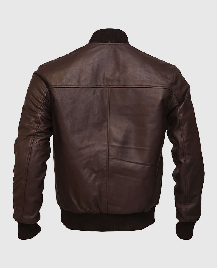 Men's Dark Brown Leather Varsity Bomber Jacket – Custom Fit - back view