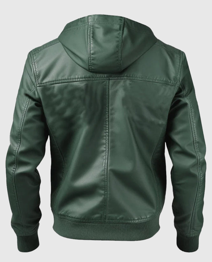 Men's Green Faux Leather Hooded Jacket with Hood – Premium Outerwear - back view