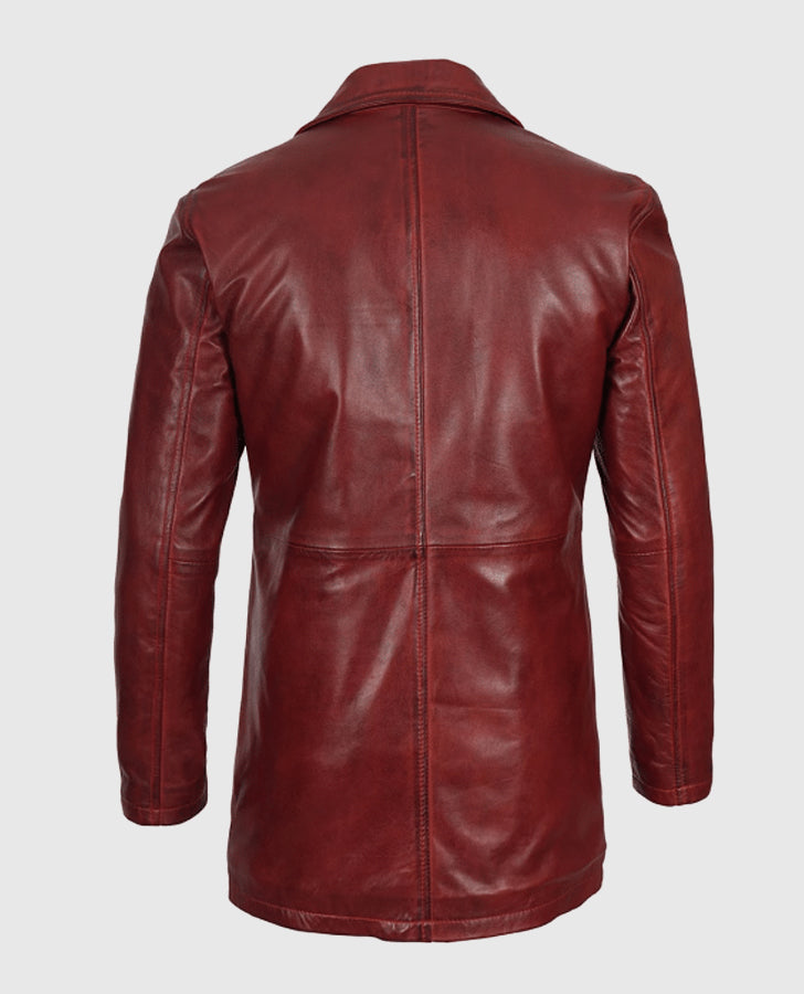 Men's Maroon Real Sheepskin Leather Coat | Genuine Leather - back view