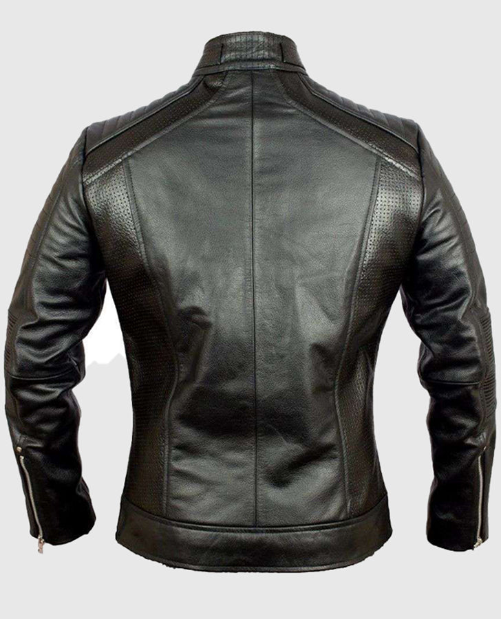 Men's Cafe Racer Vintage Retro Black Leather Jacket - back view