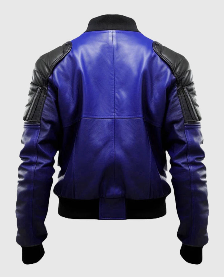 Men's Blue & Black Leather Bomber Jacket – Custom Fit - back view