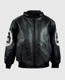Men's 8 Ball Pool Black Hooded Bomber Leather Jacket - front view