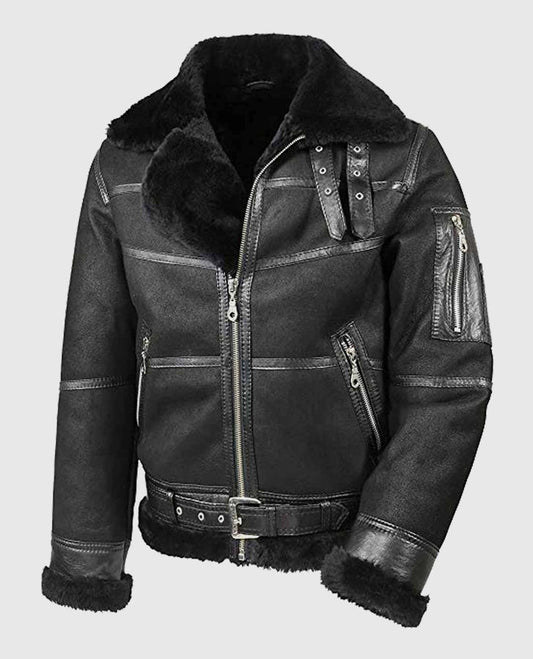 Men's Aviator B16 Sheepskin Black Shearling Leather Jacket - front view