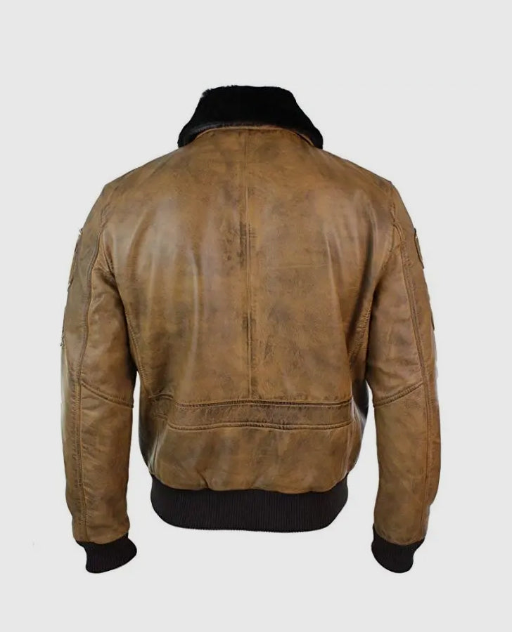 Men's Aviator Fur Brown Bomber Leather Jacket – Custom Fit - back view