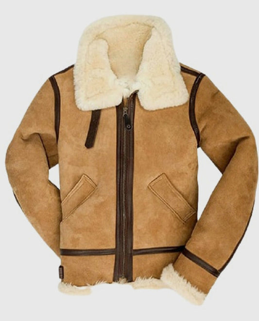 Men's B3 Brown Bomber Suede Leather Shearling Jacket - front view
