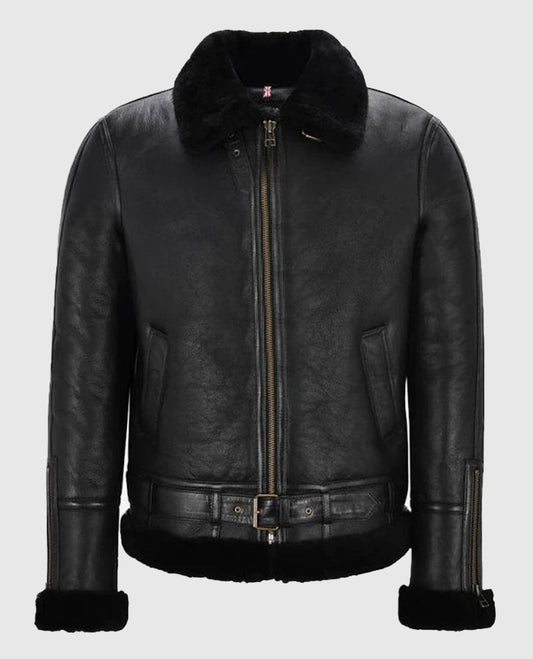Men's Belted B3 Sheepskin Black Shearling Leather Jacket - front view