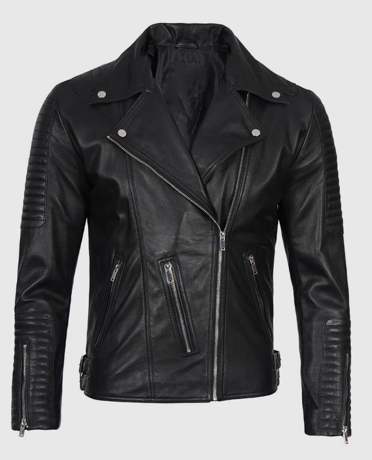 Men's Black Asymmetrical Leather Motorcycle Jacket - front view