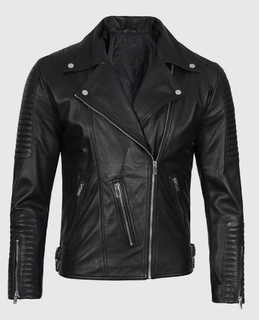 Men's Black Asymmetrical Leather Motorcycle Jacket - front view