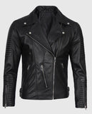 Men's Black Asymmetrical Leather Motorcycle Jacket - front view