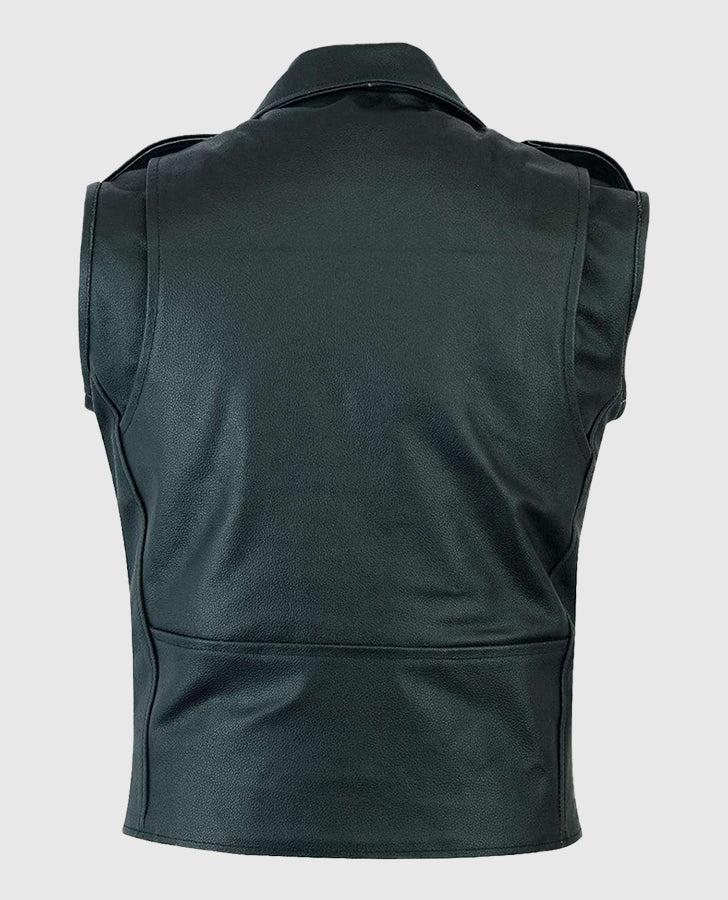 Men's Black Leather Biker Vest – Premium Outerwear - back view