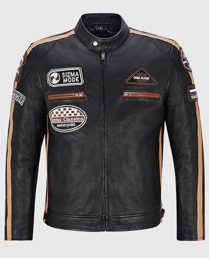 Men's Sizma Black Cafe Racer Leather Jacket – Custom Fit - front view