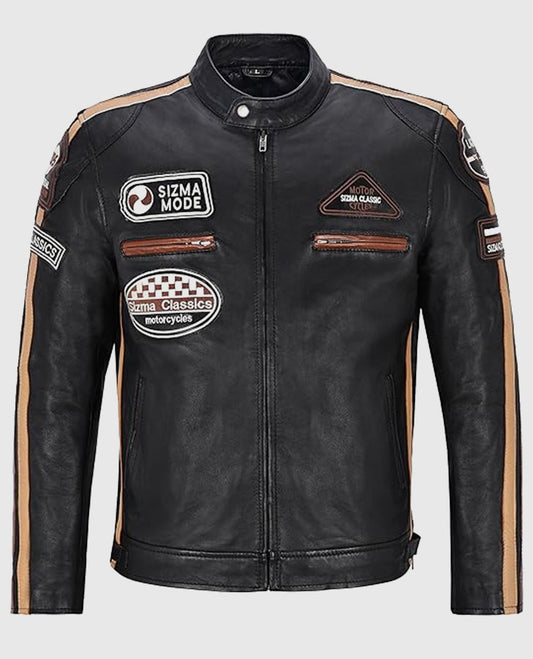 Men's Sizma Black Cafe Racer Leather Jacket – Custom Fit - front view
