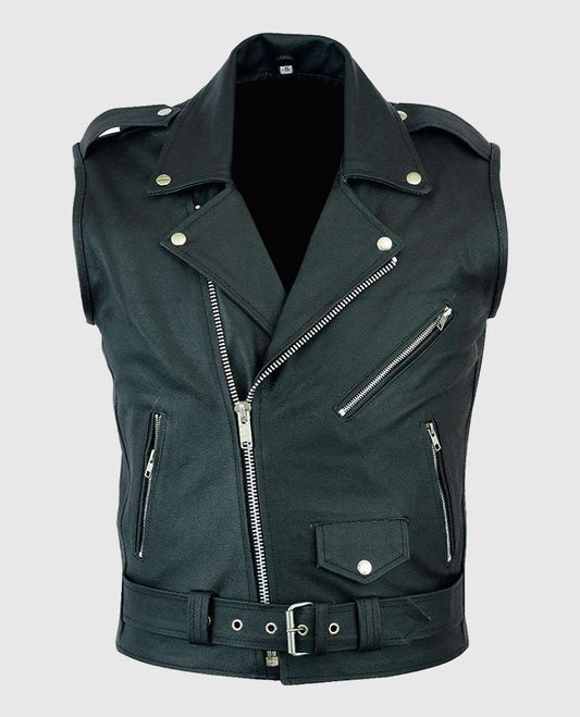 Men's Black Leather Biker Vest – Premium Outerwear - front view