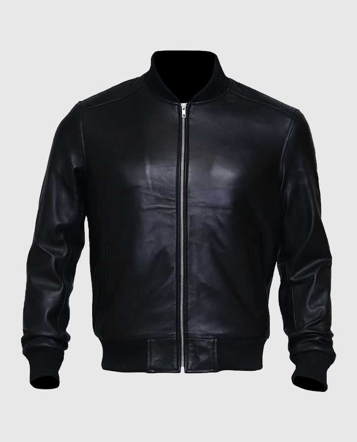 Men's Black Sheepskin Leather Varsity Bomber Jacket - front view