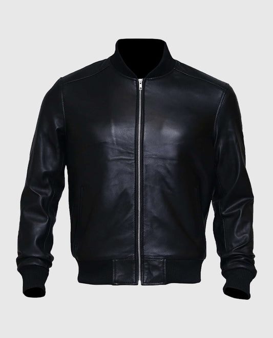 Men's Black Sheepskin Leather Varsity Bomber Jacket - front view