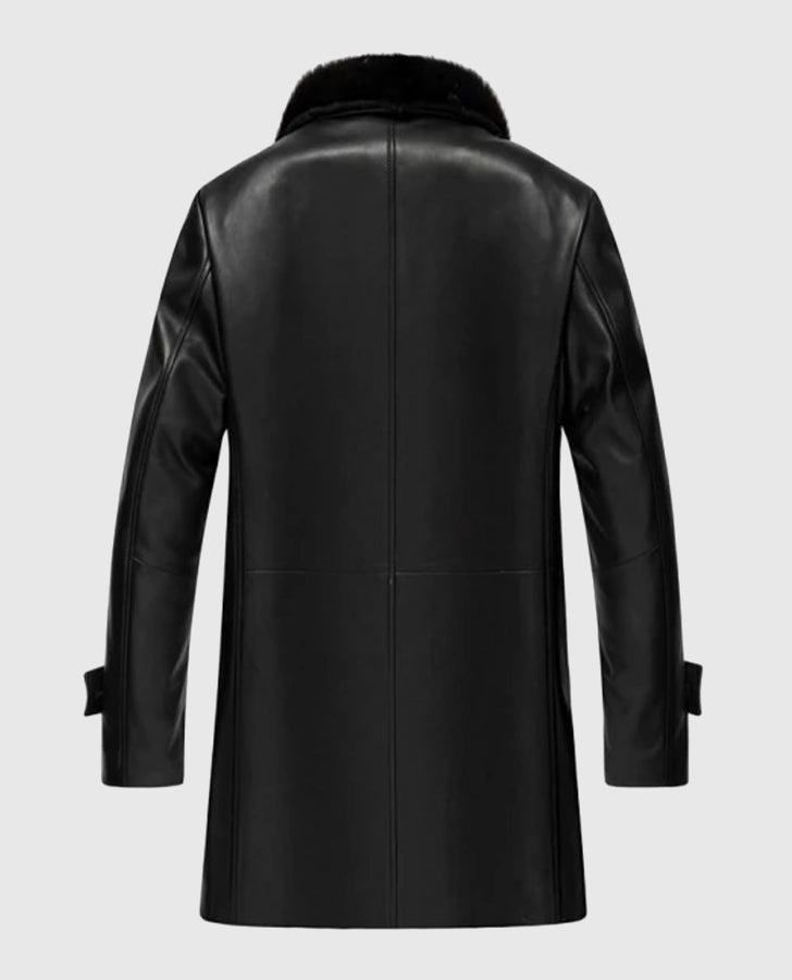 Men's Premium Black Leather Coat with Shearling Collar - back view
