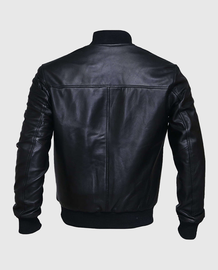 Men's Black Sheepskin Leather Varsity Bomber Jacket - back view