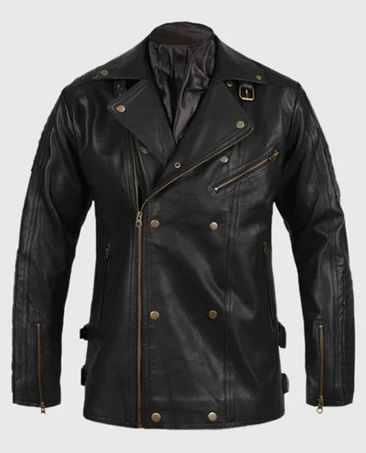 Men's Black Motorcycle Leather Jacket – Custom Fit - front view
