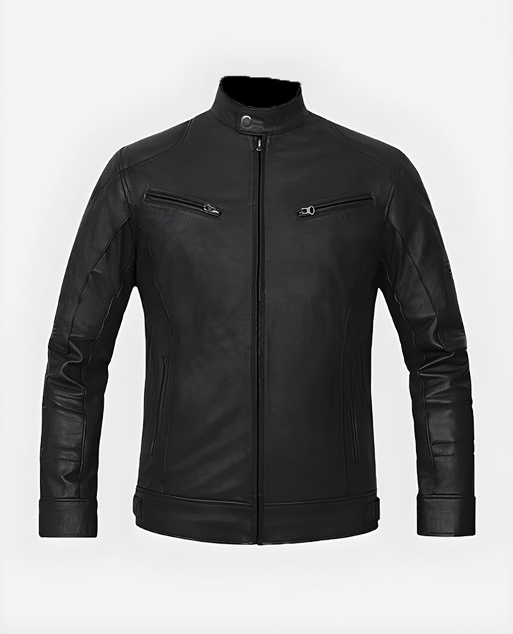 Men's Black Slimfit Cafe Racer Leather Jacket – Premium Outerwear - front view