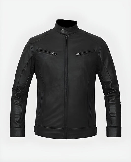 Men's Black Slimfit Cafe Racer Leather Jacket – Premium Outerwear - front view