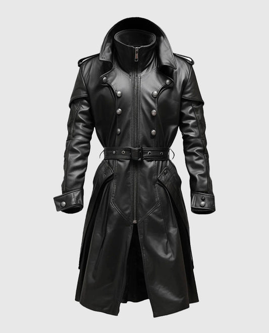 Men's Black Stylish Hooded Leather Coat – Custom Fit - front view