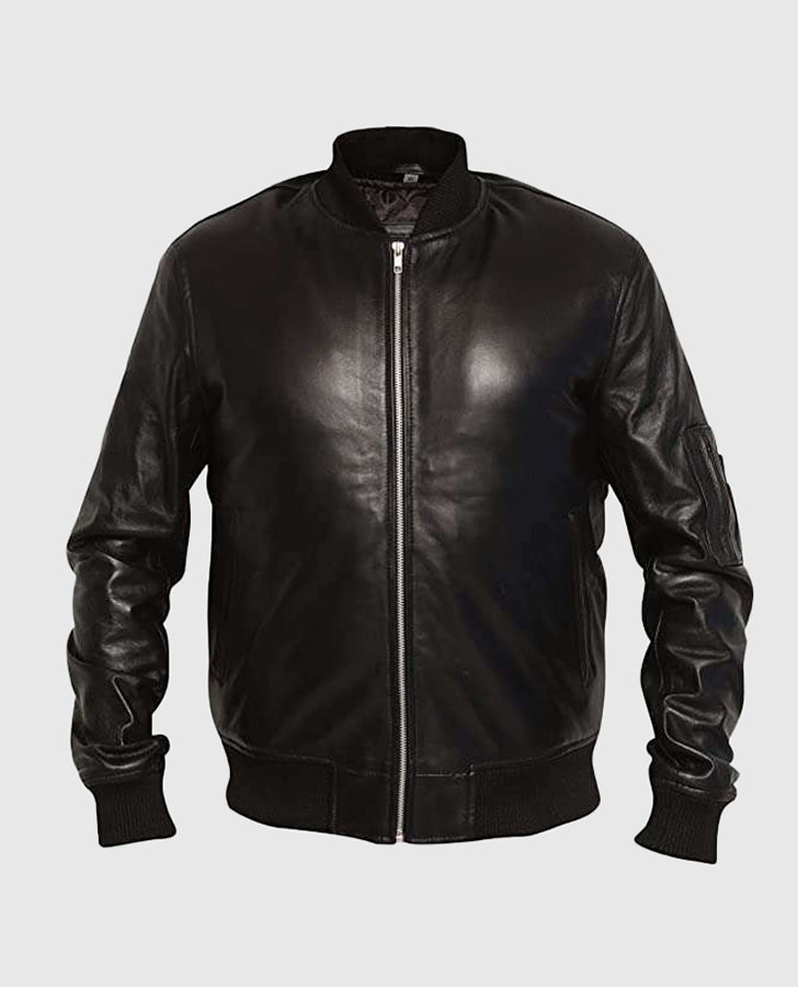 Men's Black Varsity Bomber Leather Jacket – Custom Fit - front view