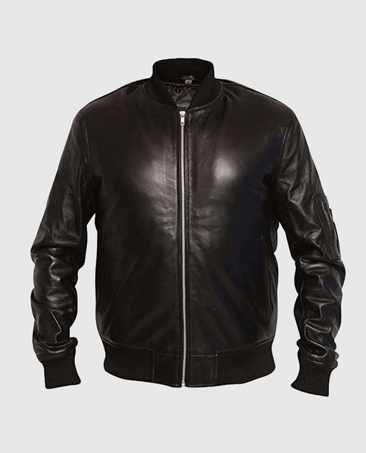 Men's Black Varsity Bomber Leather Jacket – Custom Fit - front view