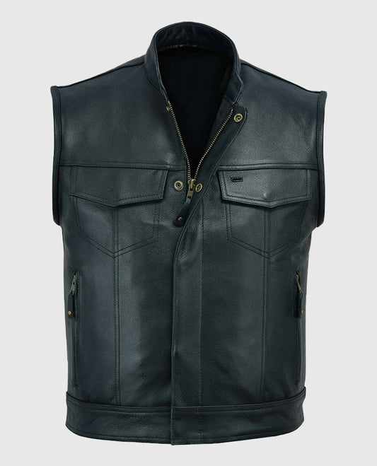 Men's Black Vintage Leather Biker Vest | Genuine Leather - front view