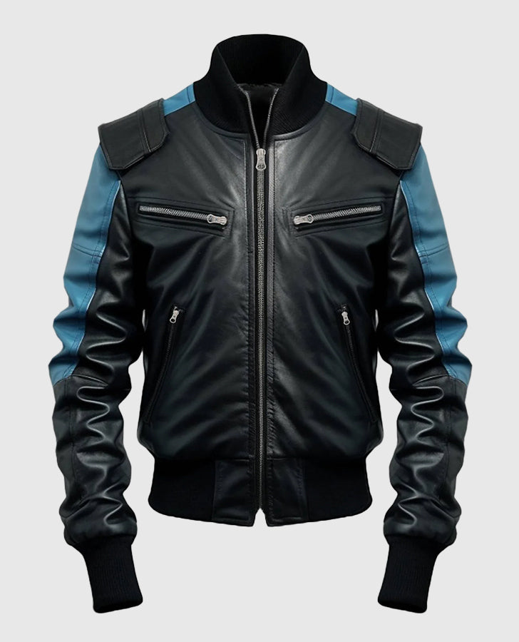 Men's Blue Black Bomber Leather Jacket – Premium Outerwear - front view