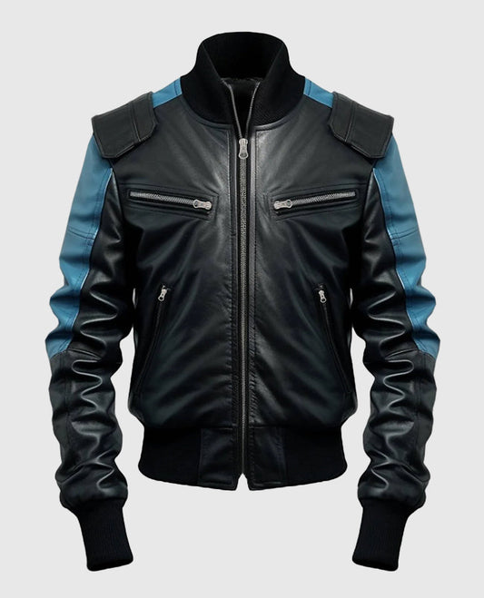 Men's Blue Black Bomber Leather Jacket – Premium Outerwear - front view