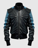 Men's Blue Black Bomber Leather Jacket – Premium Outerwear - front view