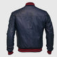 Men's Blue Sheepskin Leather Varsity Bomber Jacket - back view