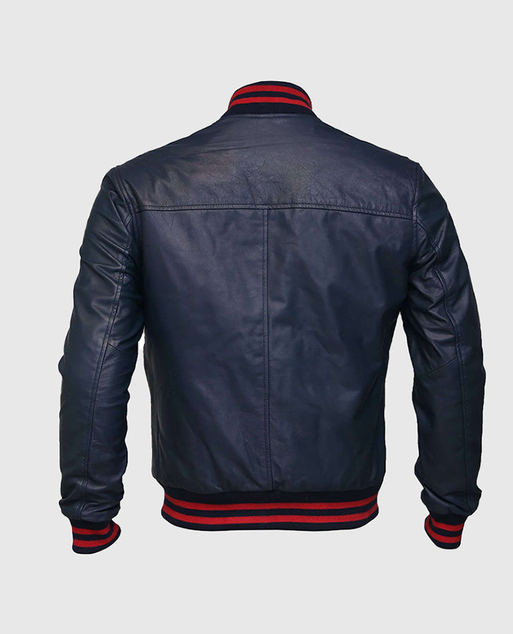 Men's Blue Sheepskin Leather Varsity Bomber Jacket - back view