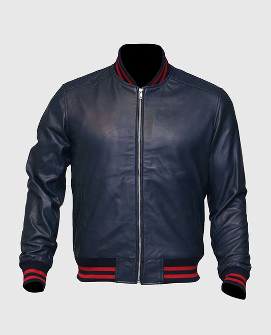 Men's Blue Sheepskin Leather Varsity Bomber Jacket - front view
